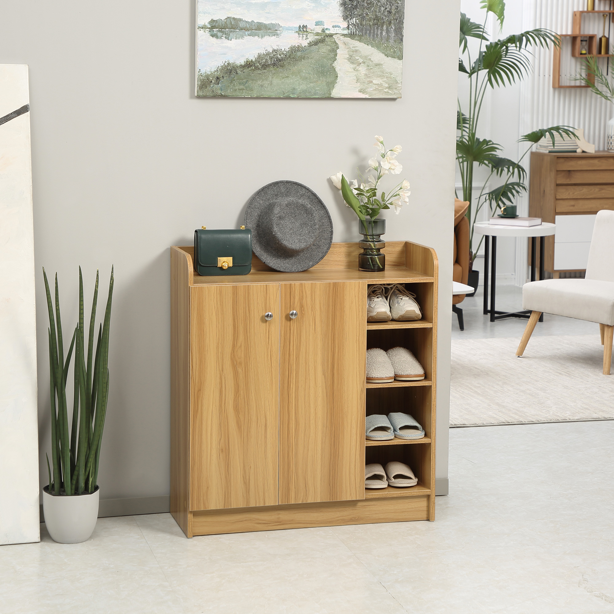 Homcom Armadio Scarpiera Salvaspazio e Moderno in Legno per 12 Paia di Scarpe con 4 Ripiani Aperti, 83x30x90 cm, Marrone Chiaro Aosom