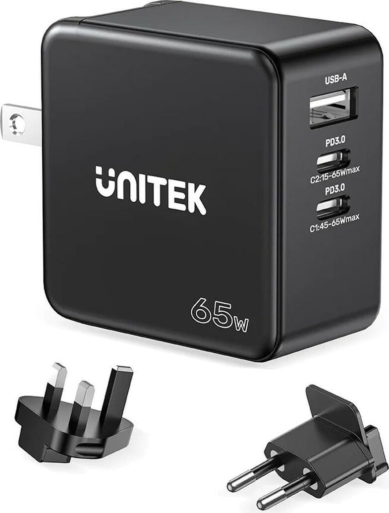Unitek GaN Oplader 65W met 2x USB-C en USB-A Travel Charger