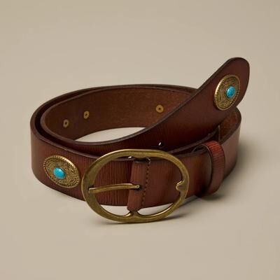 Lucky Brand Western Turquoise Ornamented Leather Belt - Women's Accessories Belts in Tan, Size XS