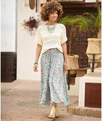 Plus Size Women's Slit Smocked Maxi Skirt by Joe Browns in Aqua Ditsy Floral (Size 14/16)