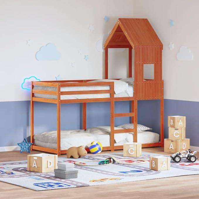 Etagenbett mit Dach Massivholz Kiefer Wachsbraun 80x200 cm Hochbett mit Dach Kinderbett mit Rutsche DIY Freistehend Kinderzimmer Möbel Set