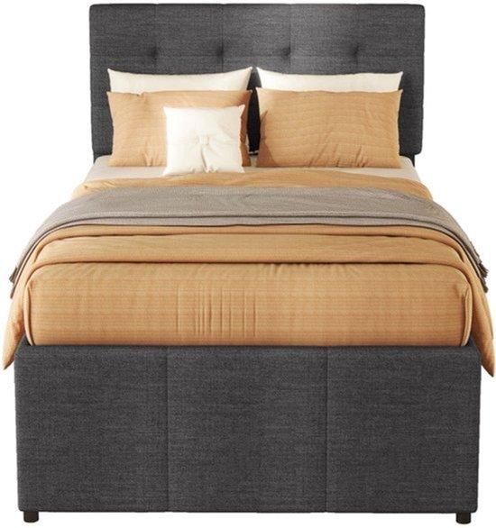 Einzelbett - Kinderbett - Stoffbett - Bett mit Aufbewahrungsraum - 90x200 cm - Verstellbares Kopfteil - Graues Laken