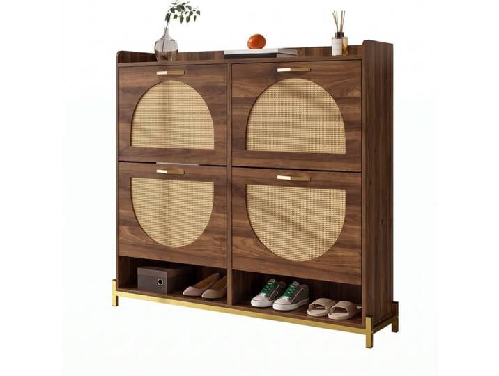 Meuble à chaussures à 4 portes meuble de rangement pour chaussures meuble à chaussures aspect rotin Noyer