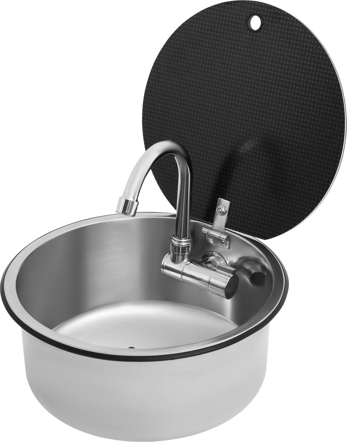 Wohnmobil Spülbecken - Rundes Camping Spülbecken - Edelstahl - Klappbarer Wasserhahn - Gehärteter Glasdeckel - Silber