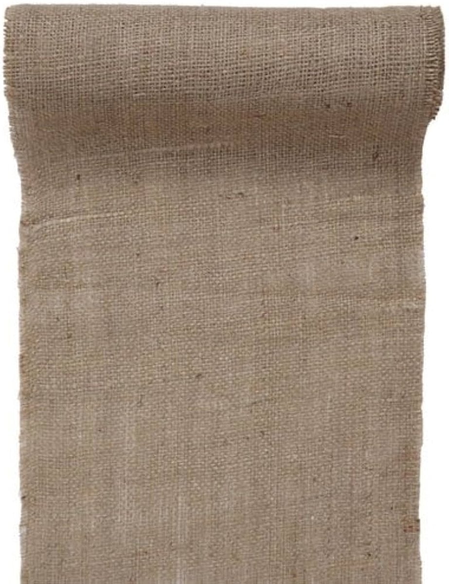 Beige jute tafelloper met een breedte van 25 cm en een lengte van 5 meter