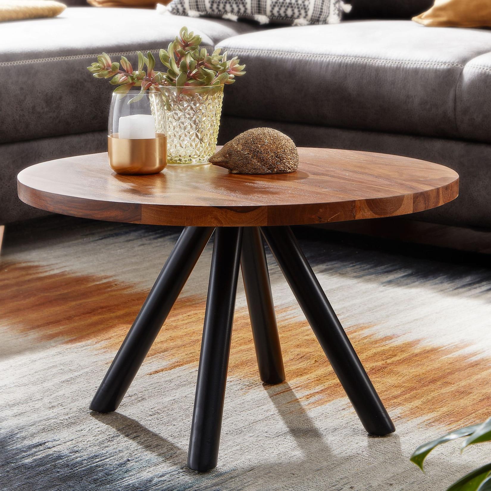 Couchtisch Sheesham Massivholz rund Ø60cm Wohnzimmertisch Metallbeine Industrial