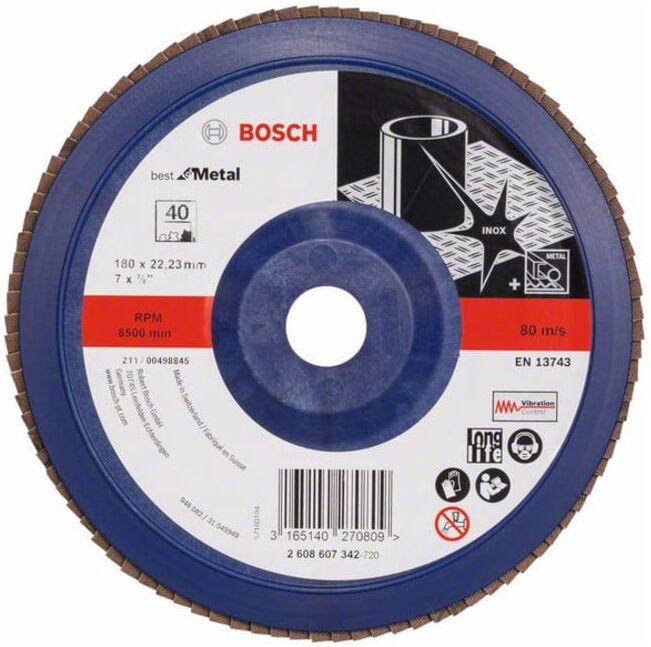 Bosch Fächerschleifscheibe X571, Best for Metal, gerade, 180 x 22,23 mm, 40, Kunst. (2608607342)