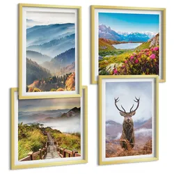 BILDER SET 4er Set - 50x50 cm & 40x60 cm Goldrahmen - Berglandschaft, See, Hirsche