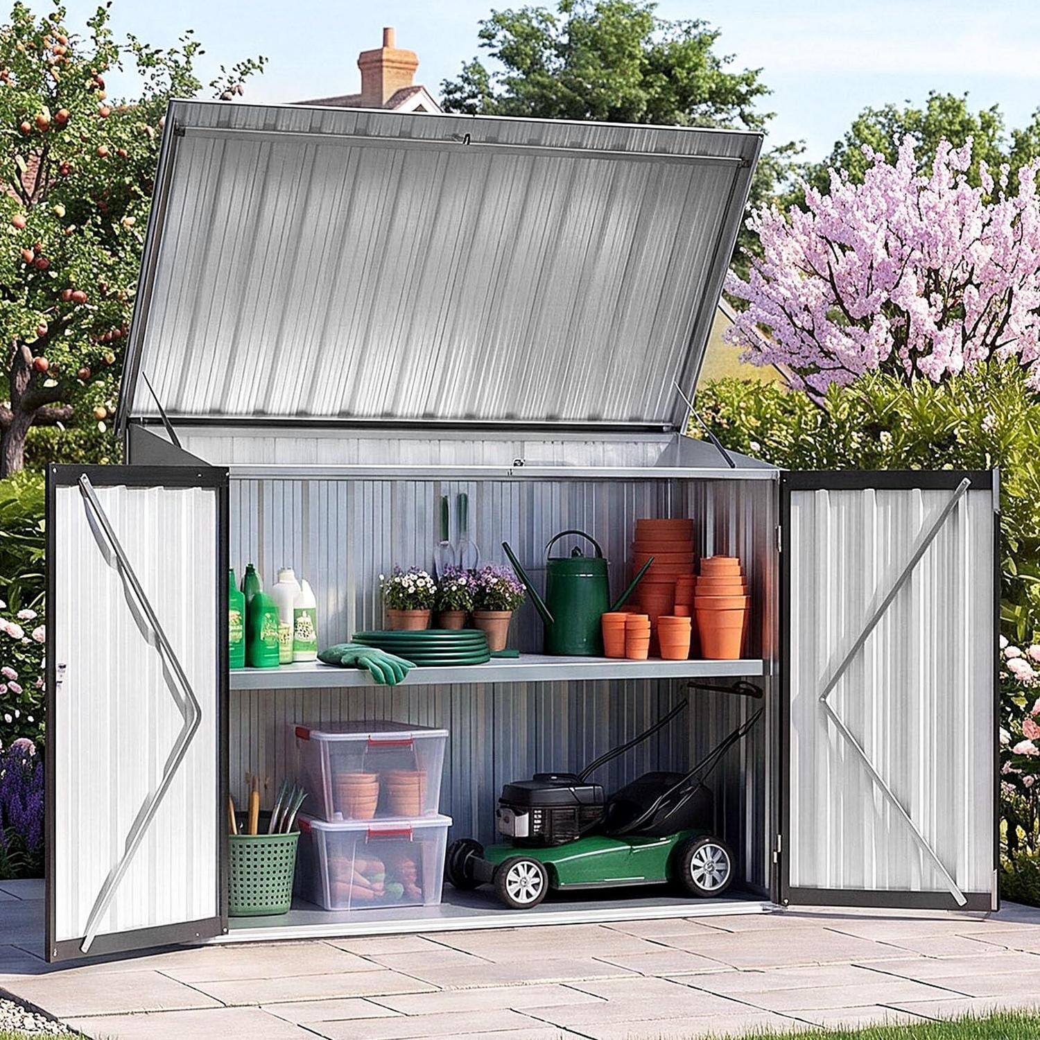 Metall-Gartenschuppen 4x2 ft mit Front- & Deckeltür, verzinkter Stahl, wetterfest, Schwarz, inkl. 1 Regal