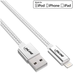 INLINE Lightning USB Kabel, für iPad, iPhone, iPod, silber/Alu, 1m MFi-zert,