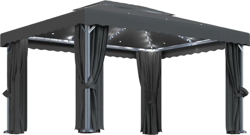 Pavillon mit Vorhängen & LED-Lichterkette 4x3 m Anthrazit