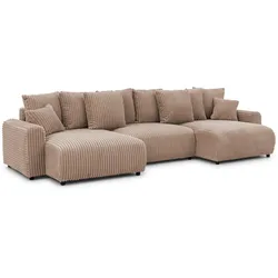 WOHNLANDSCHAFT Calma mit Schlaffunktion und Bettkasten im Bumpy-Design aus weichem Beige Plüschcord