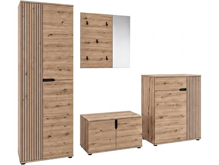 Garderoben-Set GOODPRODUCT FJELL, 4-teilig, Breite 255cm, Front mit hochwertiger Längsfräsung , braun (artisan eiche nachbildung), B:255cm H:191cm T:37cm, Holzwerkstoff, Kastenmöbel-Sets, Garderoben-Set, Garderobenkombination, Kombination, Set, Garderobe, Flurgarderobe
