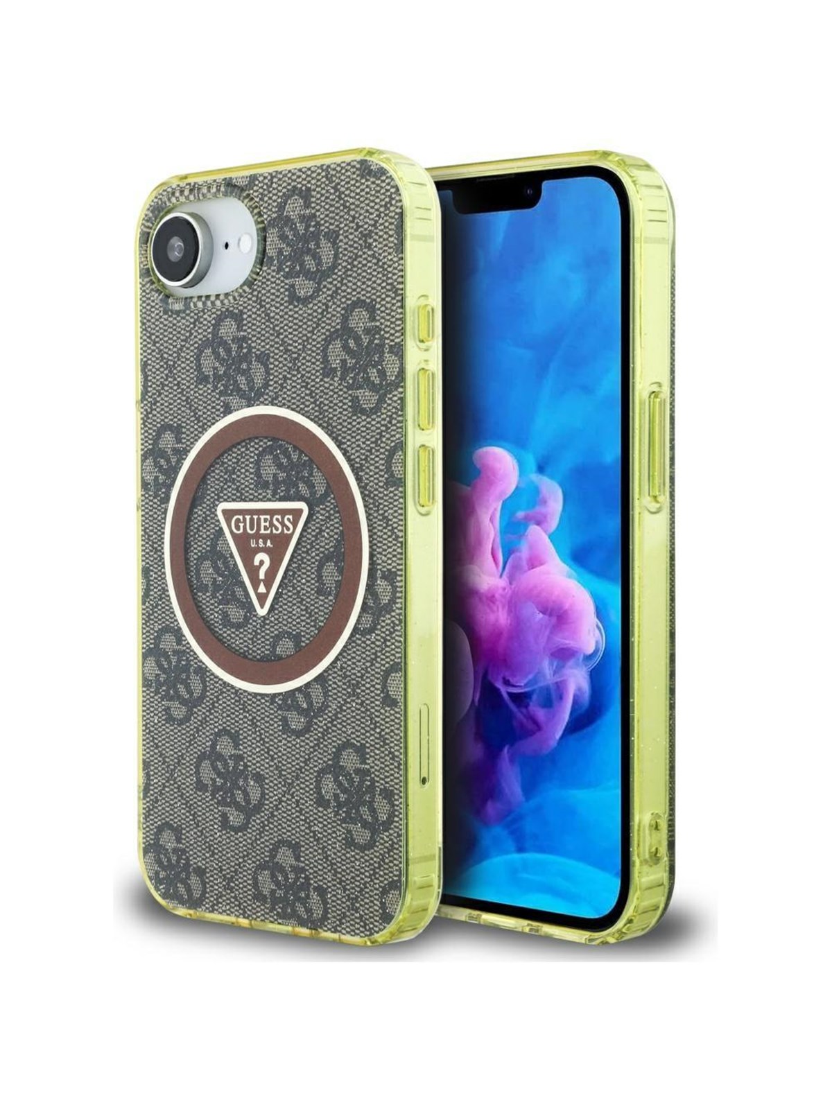 GUESS IML Metal Glitter 4G Circle Triangle MagSafe case for iPhone 16e - brown