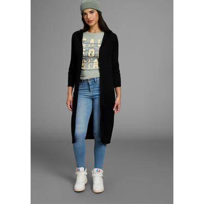 Longstrickjacke KANGAROOS, Damen, Gr. 32/34, schwarz, Strick, Obermaterial: 50% Viskose, 28% Polyester, 22% Polyamid, figurumspielend lang, tiefer V-Ausschnitt, Rippbündchen, Strickjacken Longstrickjacke, mit Kapuze, Langarm, figurumspielende...