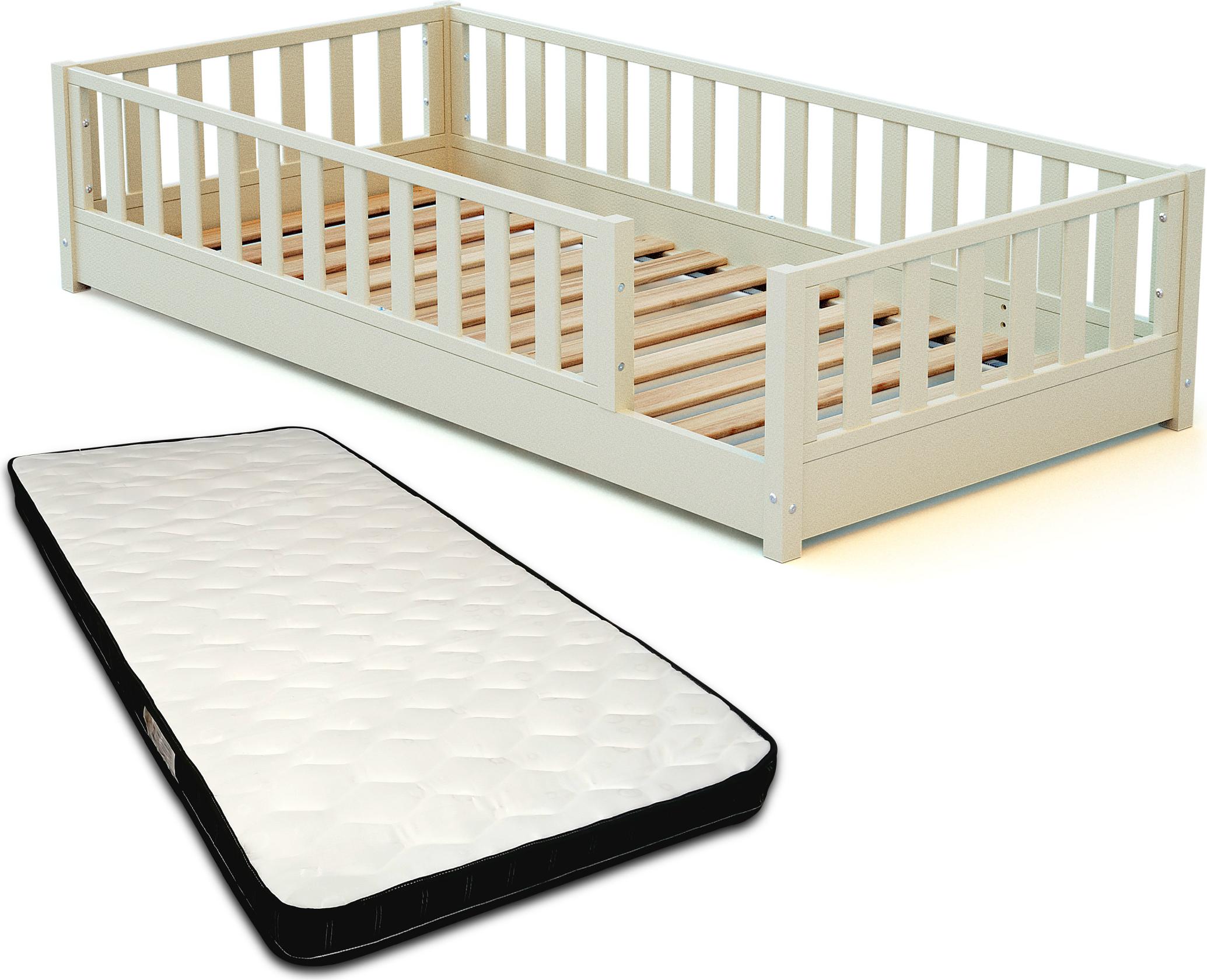 JURABABY - SONHO Holz KinderBodenbett mit Matratze - 90x190 - Perlweiß | Mit abnehmbarem Seitengitter links oder rechts | Kinderbett mit Lattenrost