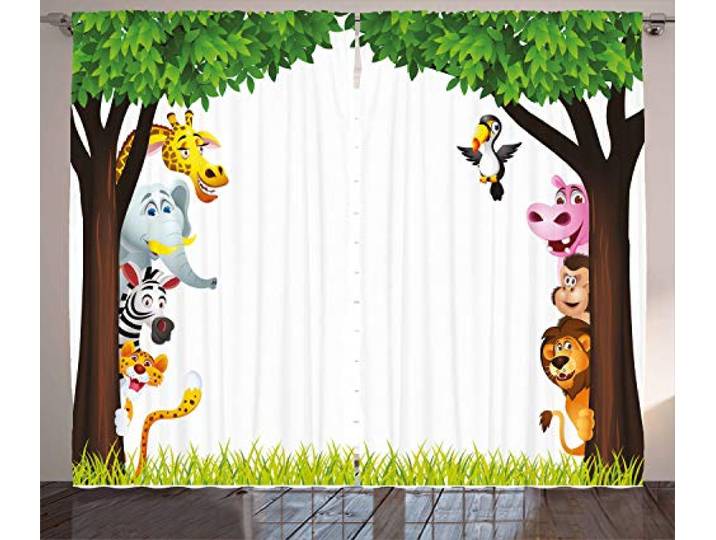ABAKUHAUS Kindergarten Rustikaler Vorhang, Bäume Freundlich Jungle, Wohnzimmer Universalband Gardinen mit Schlaufen und Haken, 280 x 175 cm, Grün Braun