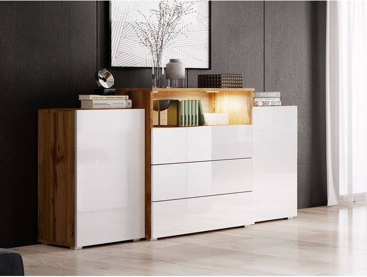 Commode combinée ZORINA – chêne wotan / blanc brillant