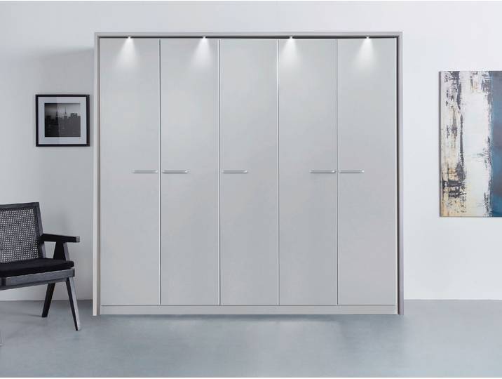 Drehtürenschrank, Grau, 230x212x58 cm, Holzwerkstoff, 5 Türen & Beleuchtung, Klassisch, Rauch
