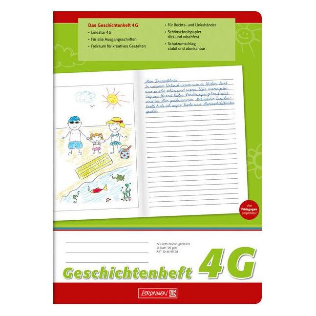 Brunnen Geschichtenheft Lineatur 4G liniert DIN A4 ohne Rand, 16 Blatt (A4, Liniert) (104499104)