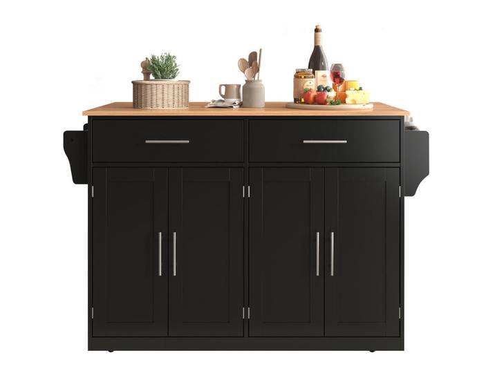 Modfu Kücheninsel 120x70x91.5cm Schwarz mit Falttisch,Doppeltüren & Rollen/Füßen, 120x91.5x71 cm, Küchen, Küchenmöbel, Kücheninseln
