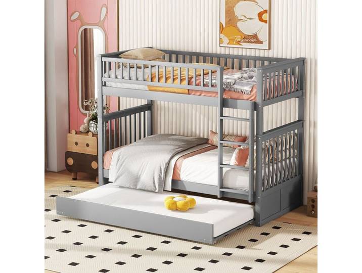 Lits superposés - 90x200cm - lits bébé triple avec lit gigogne haut garde-corps stable escalier gris