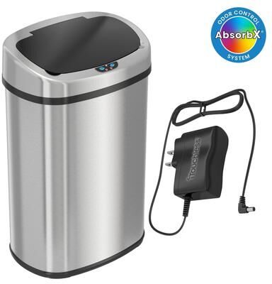 iTouchless 13 Gallon / 49 Liter Stainless Steel Oval Sensor Kitchen Trash Can with Odor Filter and AC Adapter