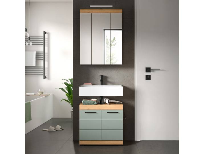 Badezimmerset Scout 2-tlg Spiegelschrank 60 x 191 x 34cm Grün/Mintgrau mit Beleuchtung