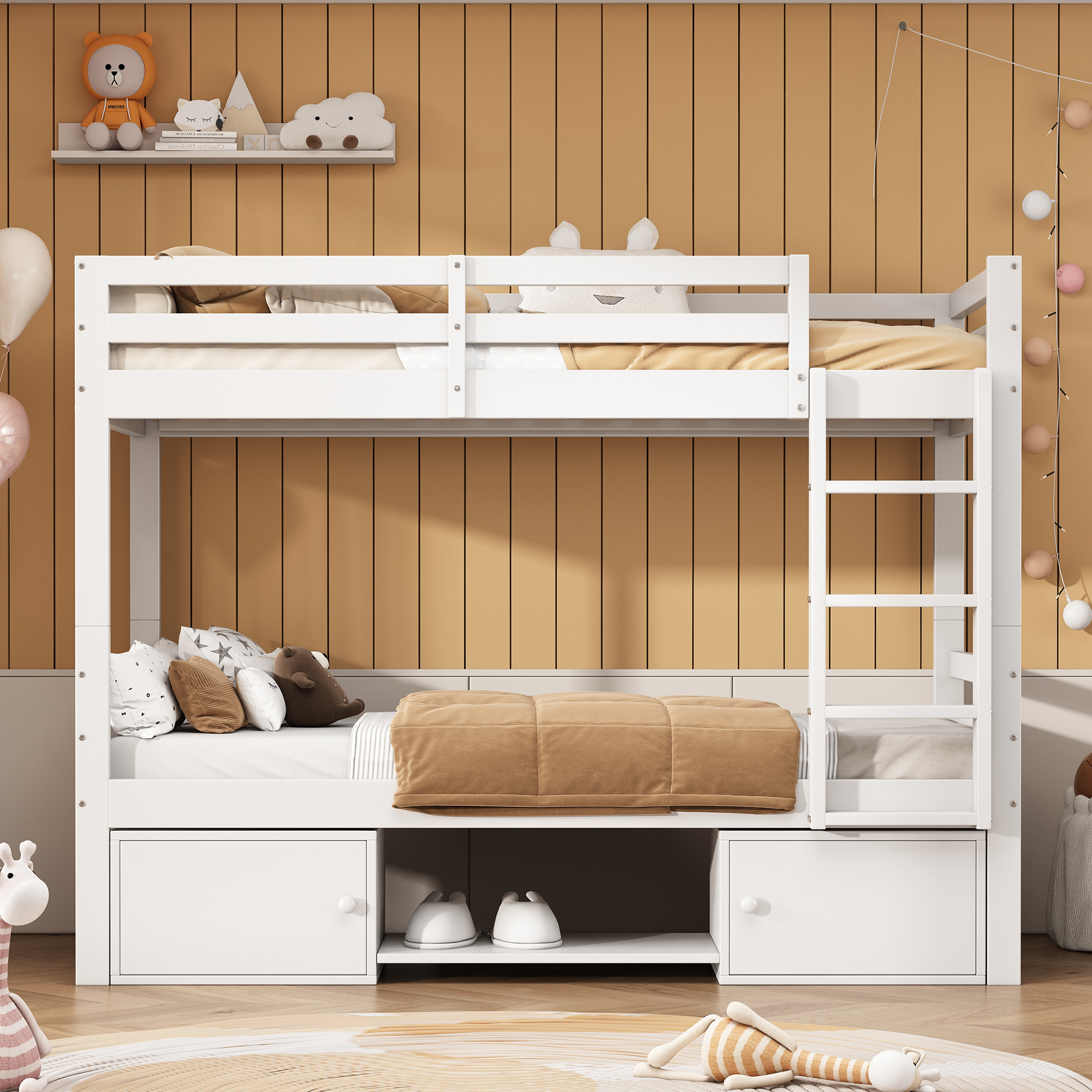 STILVORA Etagenbett 90x200 Kinderbett mit Schuhregale und Schließfächer, mit integrierten Regale und der Kleiderschrank für Geschwisterkinder Weiß