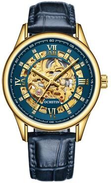 Everyday Crate OCHSTIN 6020D Mechanical Watch Genuine Leather Mens Skeleton Watch gold blue