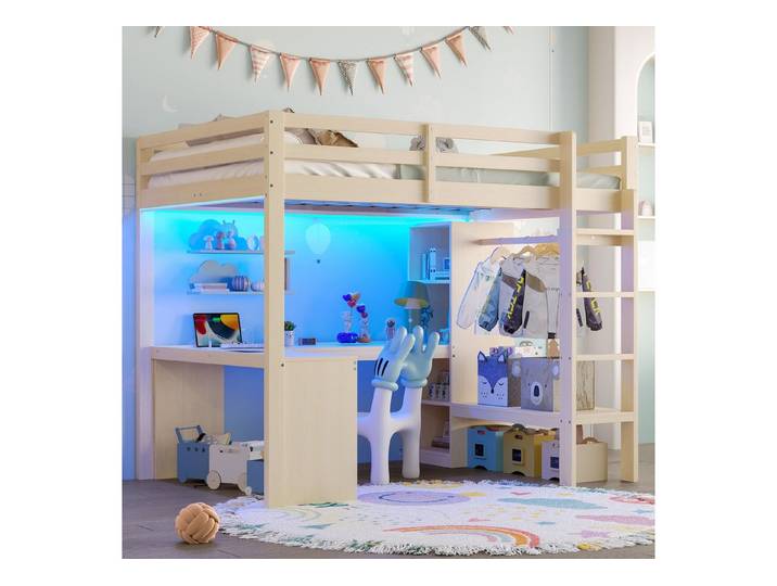 OKWISH Hochbett Funktionsbett Kinderbett (mit integriertem Schreibtisch, LED-Beleuchtung und USB-Ladestation., 2-St., 140x200)