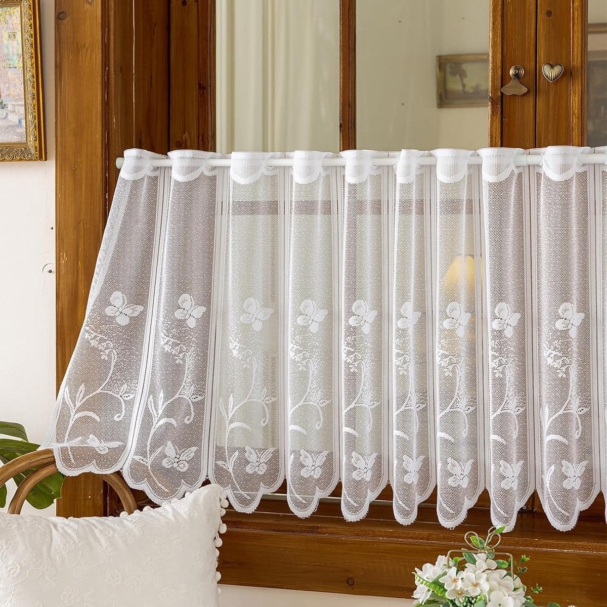Wit Keuken Vitrage met Vlinder en Bloemen Patroon - 100 x 45 cm