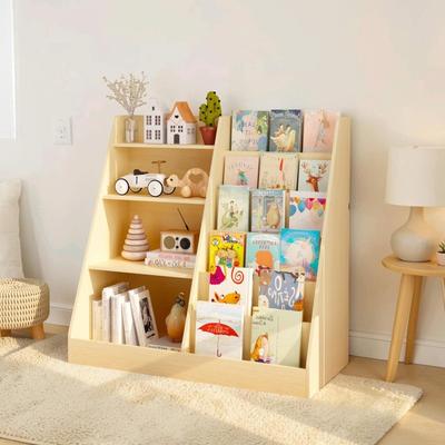 CARMORICO 4-Tier Wooden Kids Bookshelf Toy Storage Organizer, Multifunctional Bookcase Display Stand for Nursery Playroom Kids Room