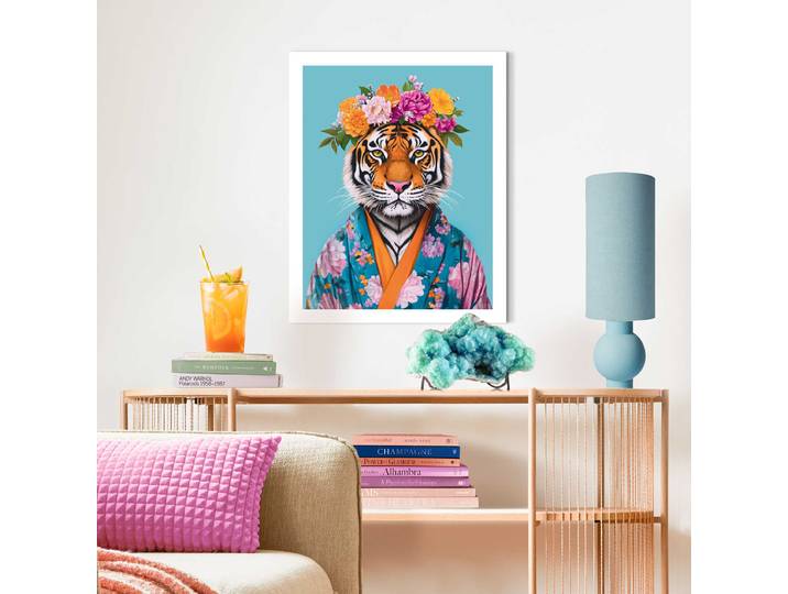 Gerahmtes Bild Flower Tiger MDF Mitteldichte Holfaserplatte Multicolor 40 x 50 x 1cm