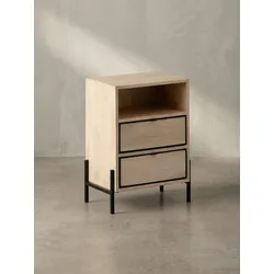 Nachttisch – Mango Massivholz/Metall, 43x60x30 cm, 2 Schubladen, braun