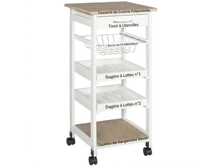 Desserte de Cuisine à Roulettes Blanche avec Tiroir Panier Métal et Plateau Amovible Îlot Mobile Rangement Cuisine