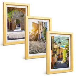BILDER SET 3er Set - 20x30 cm Goldrahmen - Charmante Steinstraßen