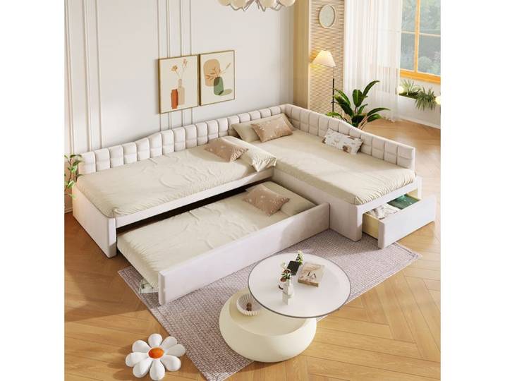 Lit d'angle rembourré 90x200 cm avec lit gigogne tiroirs revêtement velours beige