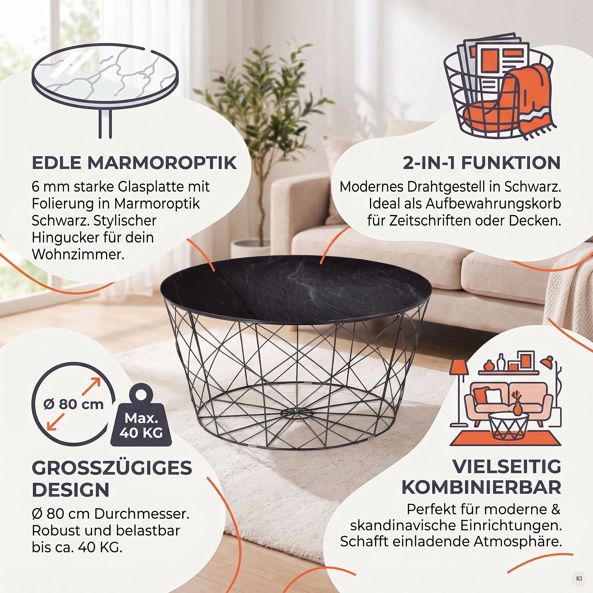 Couchtisch SALESFEVER "Caorle Coffeetable: Harmonisches Wohnambiente", schwarz (schwarz, schwarz, schwarz, schwarz), B:80cm H:45cm T:80cm, Tische, Couchtisch, Stilvolles Korbgestell schwarz, schwarz, schwarz, schwarz B/H/T: 80cm x 45cm x 80cm, Schwarz
