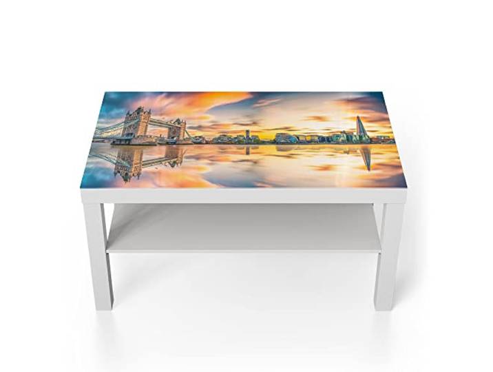 DEQORI Glastisch weiß groß 90x50 cm Motiv Tower Bridge und Themse ausgefallener Beistelltisch aus Glas Hochglanz Couchtisch fürs Wohnzimmer moderner Couch Tisch mit Design