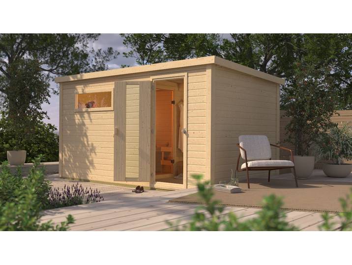 Saunahaus KONIFERA Trontheim XXL , beige (naturbelassen), Saunaofen, integrierte Steuerung, 3,6 kW, Saunen, Saunahaus, Plug&Play Saunaofen mit Steuerung 3,6 kW inkl. 18 Kilo Steinen