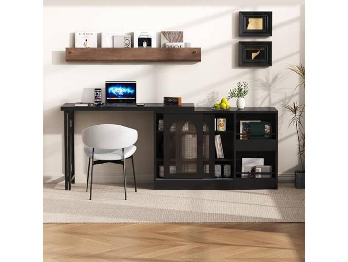 Merax Ausziehbarer Esstisch mit 360° drehbarem Design & Stauraum, moderner Multifunktionstisch mit Glastür, ideal für Küche & Esszimmer