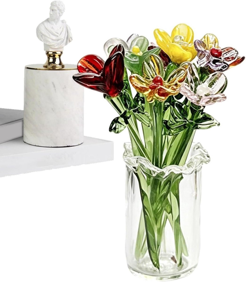 Set van 11 handgeblazen glazen mini bloemstukken in multicolor