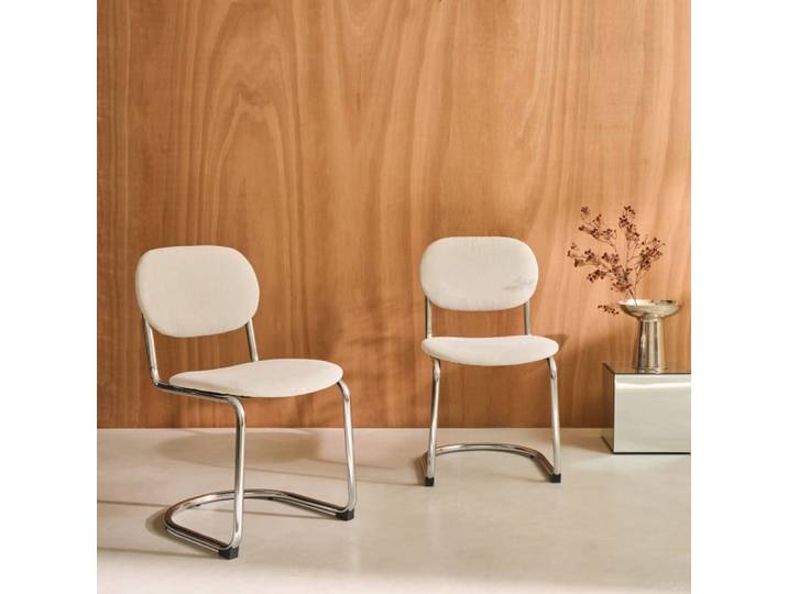 Chaise cantilever arrondie métal, tissu chenille beige