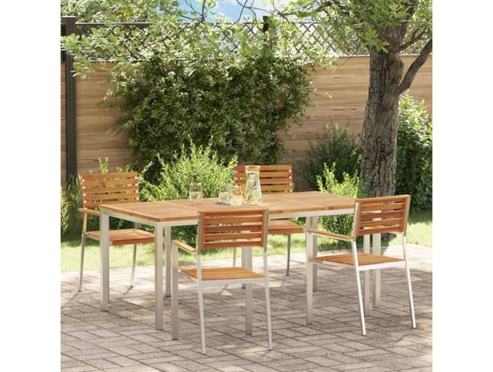 HEFZGDB 5-teiliges Garten Esszimmer Set aus massivem Akazienholz mit Latten-Tischplatte und rostfreiem Stahlrahmen für Terrasse Balkon Garten, wetterfest langlebig ergonomische