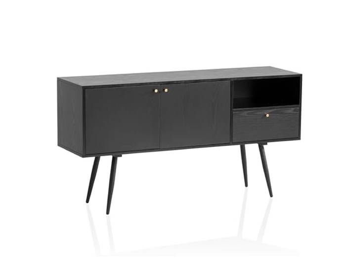 FineBuy Sideboard 140x40x75 cm Schwarz Eiche-Dekor, 2 Türen Schublade hoher Kommodenschrank mit offenem Fach, Standschrank fürs Wohnzimmer mit Stauraum, Anrichte zeitlos