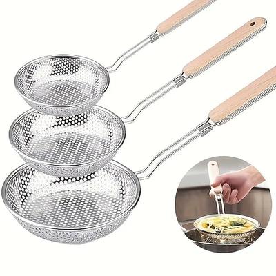 3-teiliges Set Edelstahl-Siebe mit Holzgriffen – ideal zum Braten, Abgießen und Servieren von Pasta Nudeln, perfekt für die Zubereitung von Speisen und Ölfiltern, unverzichtbare Küchenutensilien für