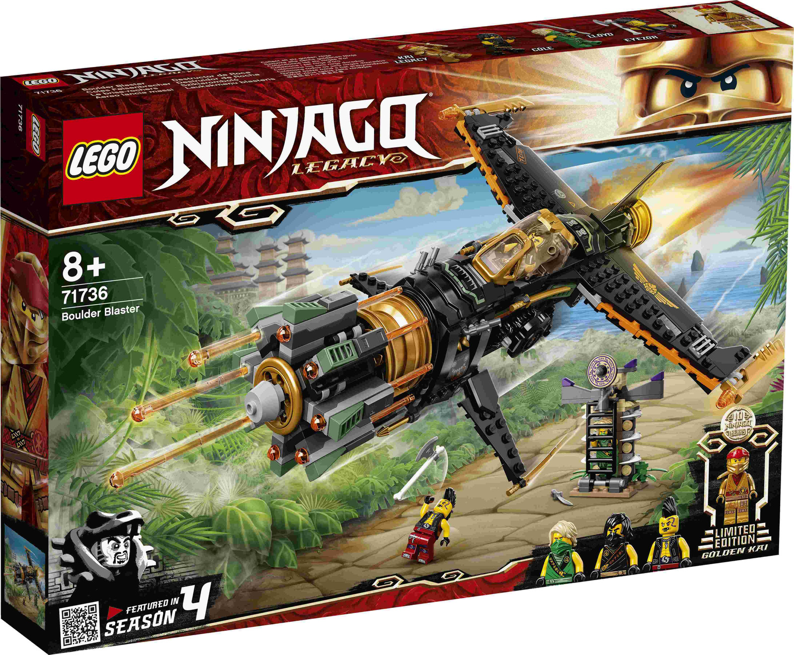 LEGO 71736 NINJAGO Cole's Felsenbrecher-vliegtuig speelset met gevangenis en de Gouden Ninja Kai figuur