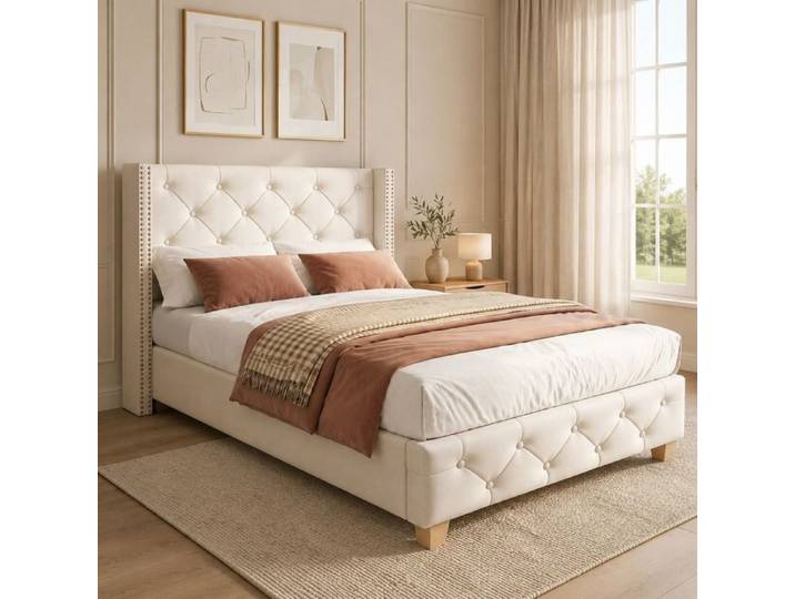 Lit rembourré FloraGrace 90x200 cm lin beige