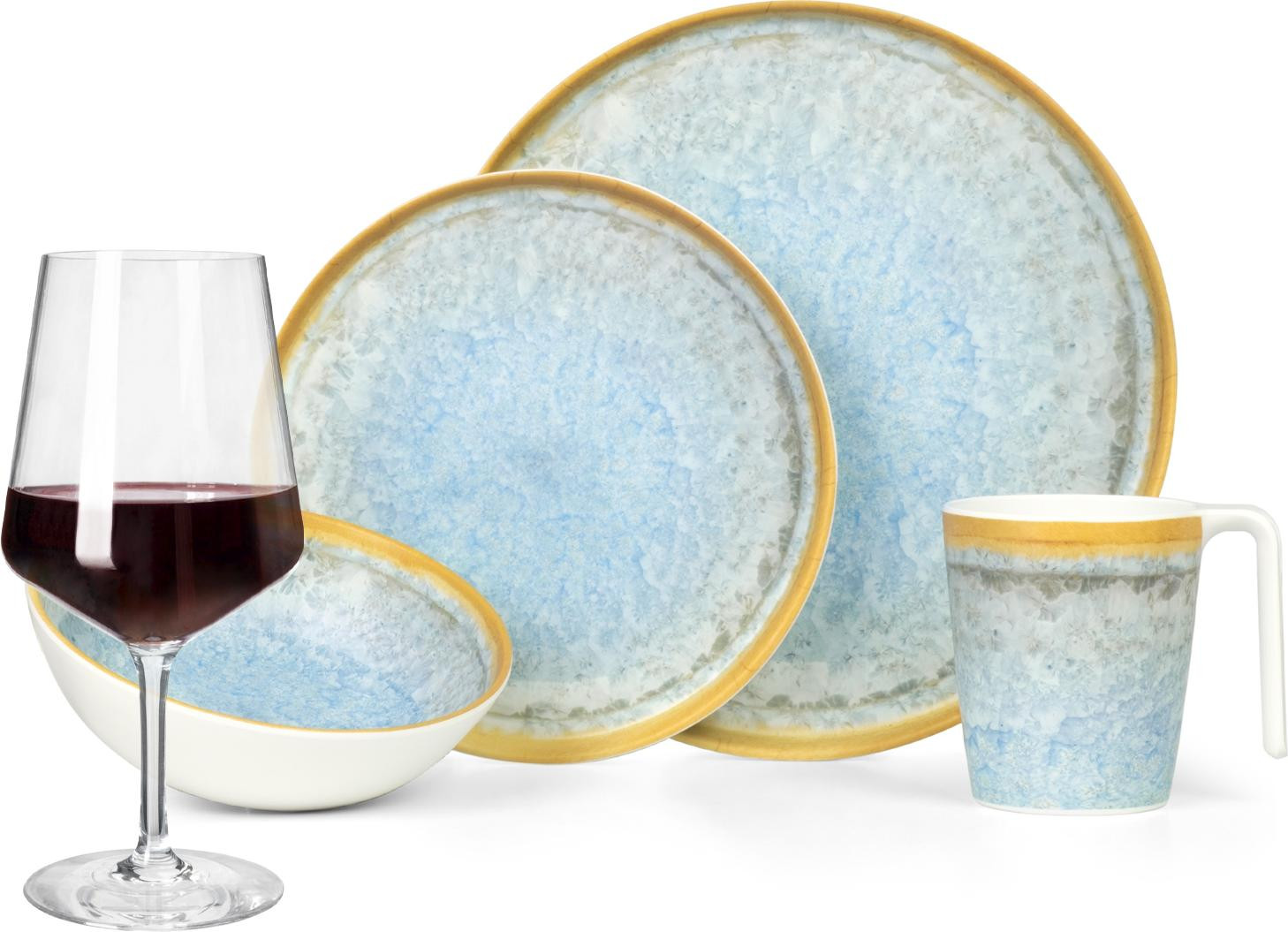 Moritz Combined Service Geschirr Crystal Blue met Milano Rotwineglazen